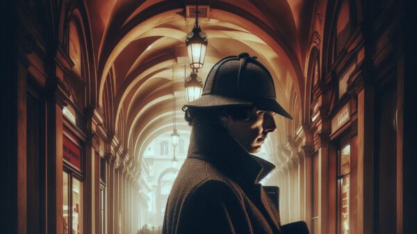 Grafica fantastica di Sherlock Holmes sotto i portici di Bologna