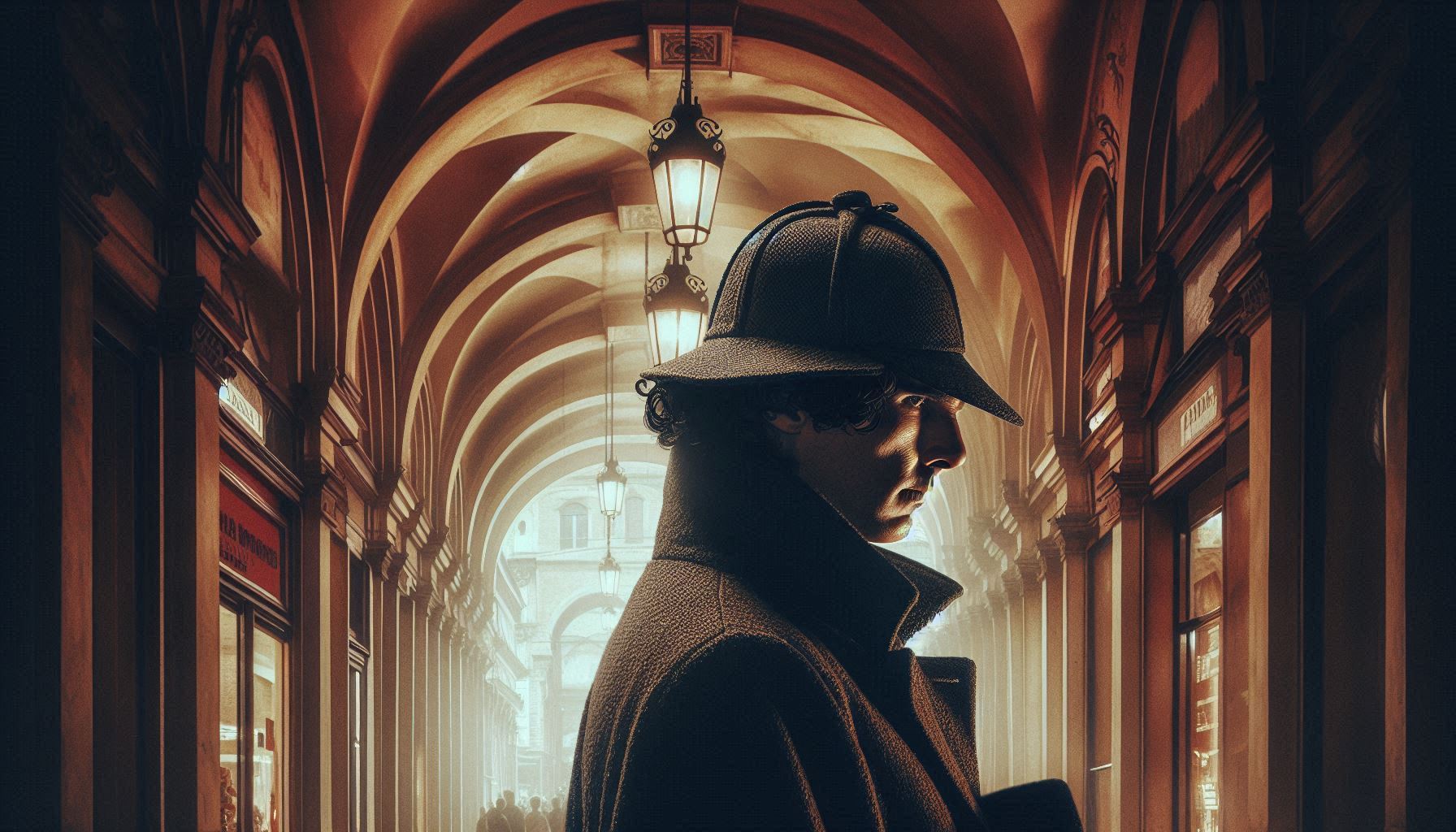 Grafica fantastica di Sherlock Holmes sotto i portici di Bologna