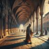 Immagine fantastica di Dante che passeggia sotto i portici di Bologna