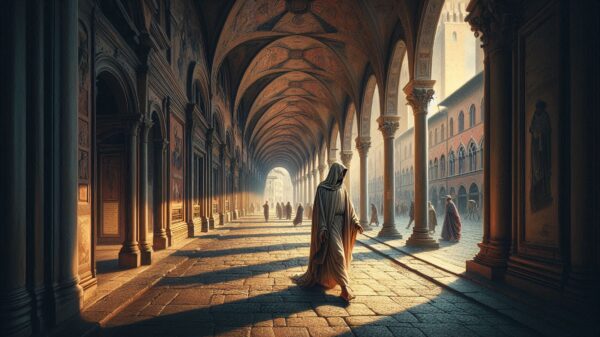 Immagine fantastica di Dante che passeggia sotto i portici di Bologna