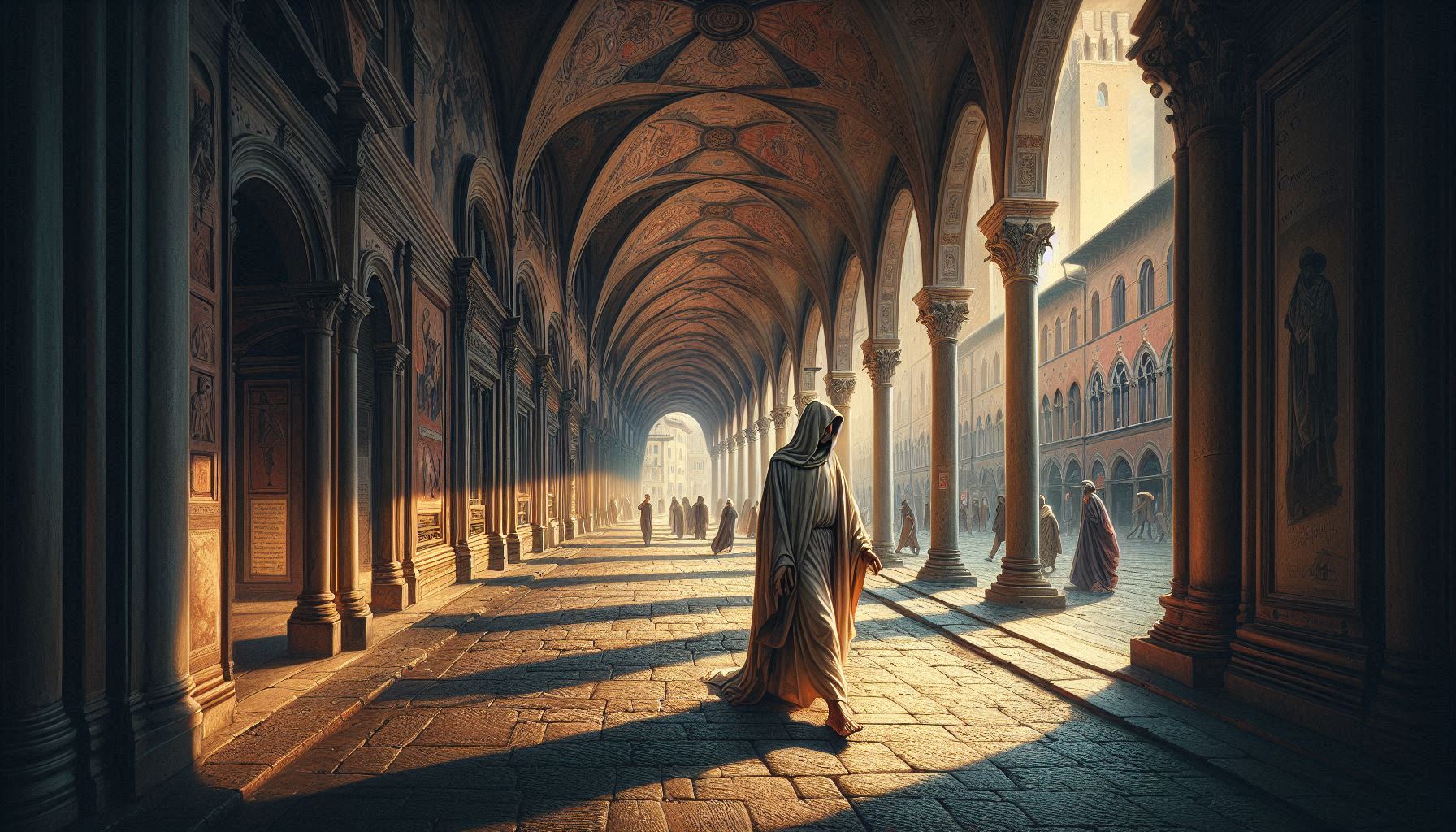 Immagine fantastica di Dante che passeggia sotto i portici di Bologna