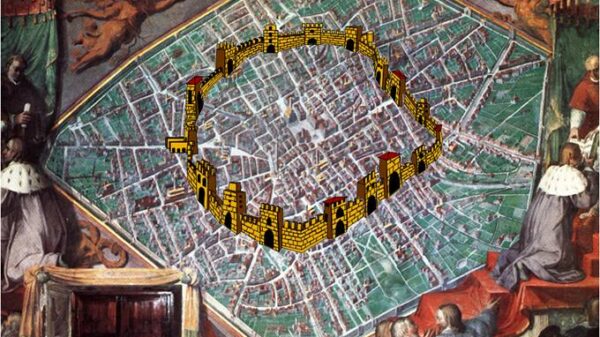 La seconda Cerchia (quella detta del Mille) ricostruita sulla pianta di Bologna delle stanze Vaticana