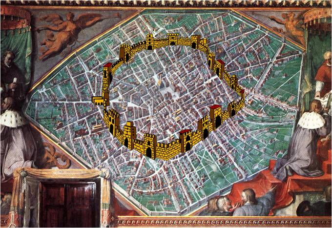 La seconda Cerchia (quella detta del Mille) ricostruita sulla pianta di Bologna delle stanze Vaticana