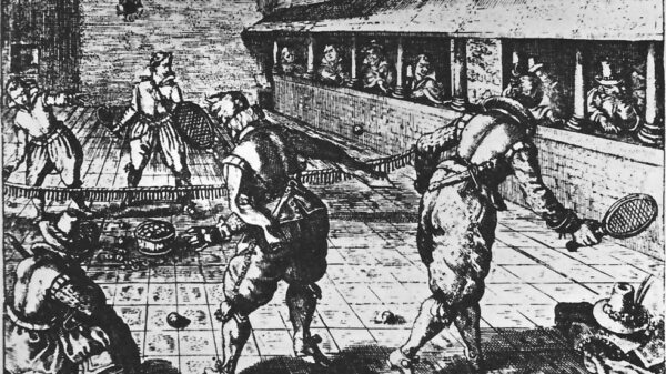 Disegno d'epoca di alcuni giocatori del gioco della pallacorda