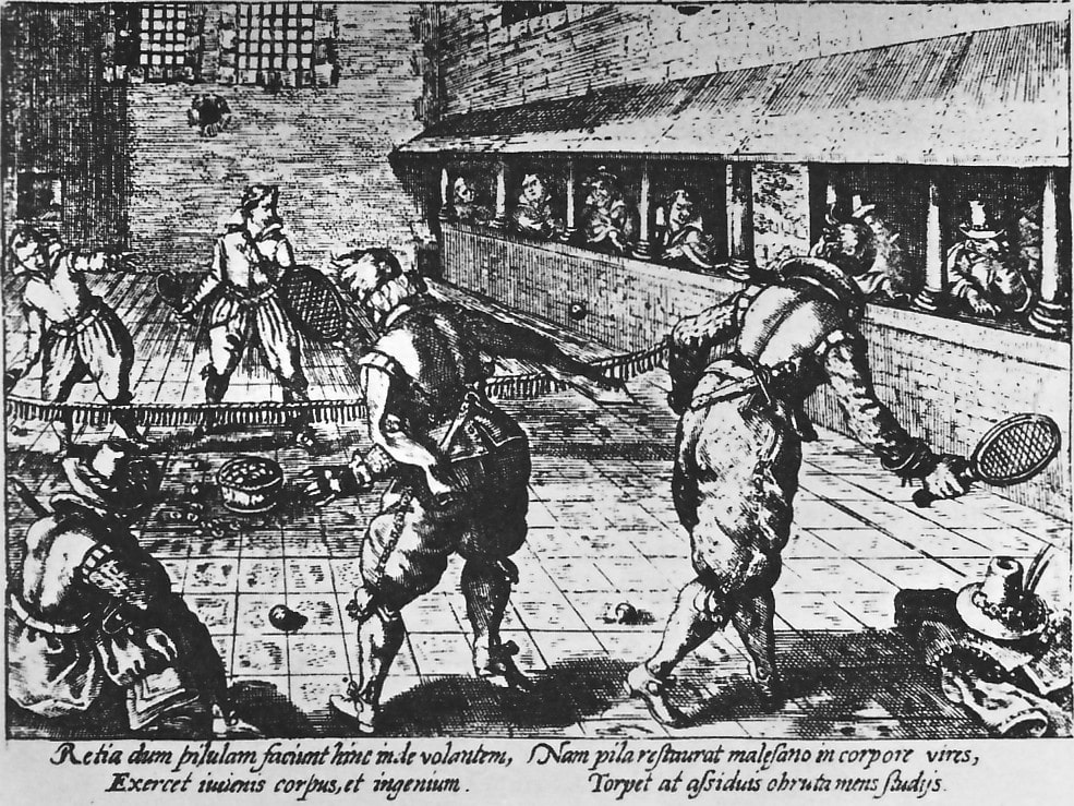 Disegno d'epoca di alcuni giocatori del gioco della pallacorda