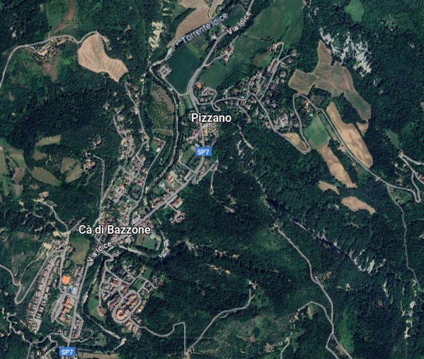 Cartina di Google Maps che mostra Pizzano, lungo la valle dell'Idice