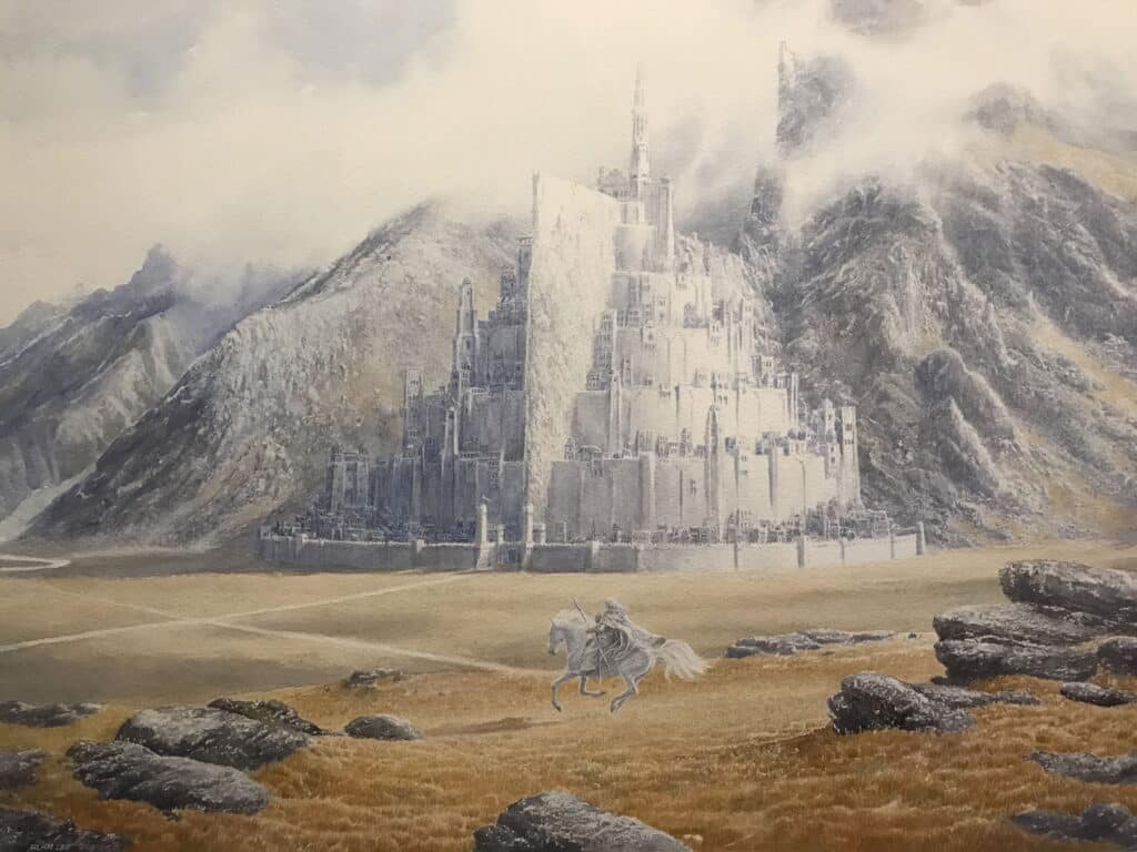 Disegno di Minas Tirith di Alan Lee, con Gandalf Ombromanto e Pipino diretti alla città