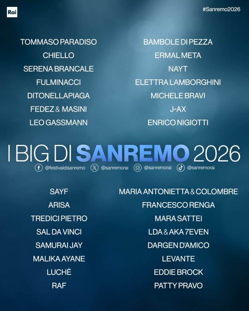 La lista dei 30 Big in gara a Sanremo 2026