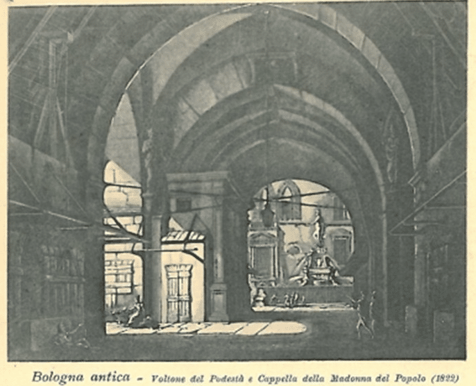 Cartolina con l'incisione del Basoli del voltone del Podestà a Bologna