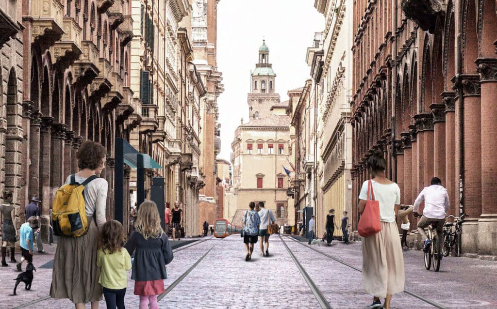 Uno dei rendering di via Indipendenza a Bologna con le nuove traversine del tram