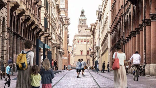 Uno dei rendering di via Indipendenza a Bologna con le nuove traversine del tram