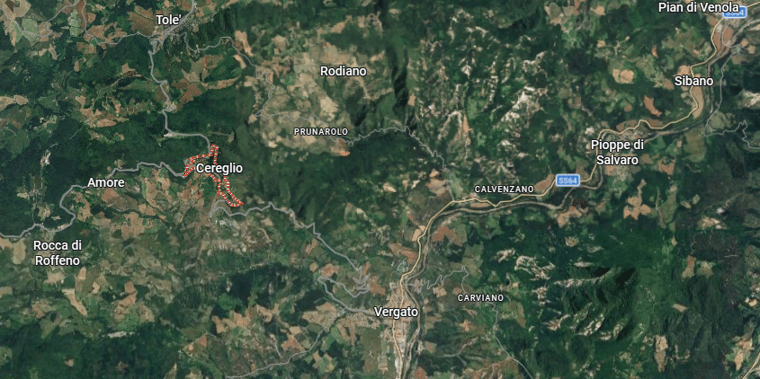 La zona tra Vergato e Cereglio vista da Google Maps