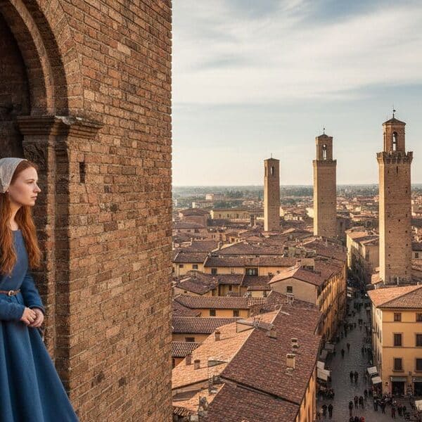 Virginia Galluzzi sulla Torre Galluzzi pensata dall'Intelligenza Artificiale