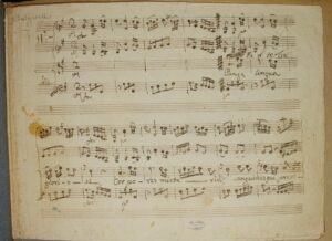 Partitura oggetto del concorso di Elettrobiblioteca. Antonio Bulgarelli, Pange lingua a voce sola con violini, Archivio Storico Diocesano di Modena-Nonantola.