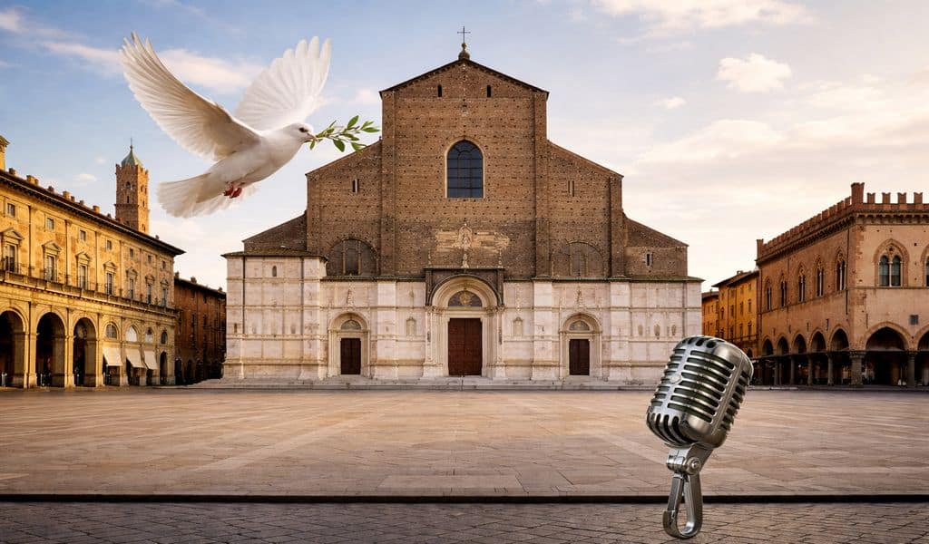 Colomba in volo sopra Piazza Maggiore, e un microfono radiofonico