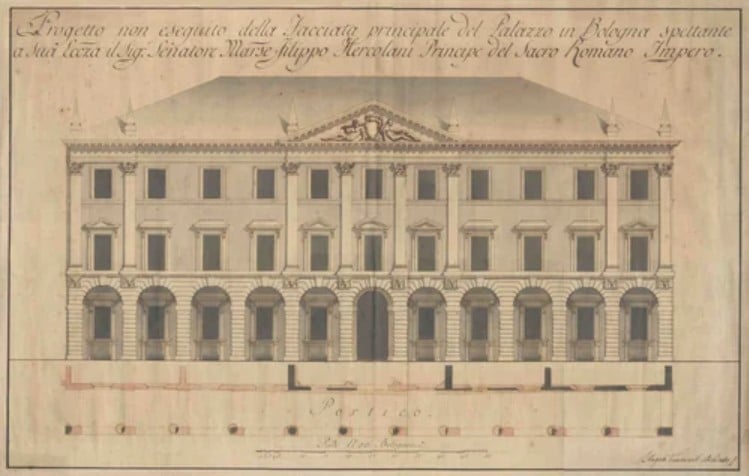 Progetto non eseguito della facciata di Palazzo Hercolani in Strada Maggiore (© Fondazione Collegio Artistico Venturoli)
