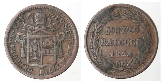 Mezzo baiocco della Zecca di Bologna (1844)