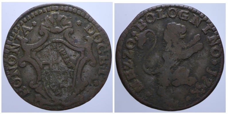 Mezzo Bolognino battuto dalla Zecca di Bologna nel 1755