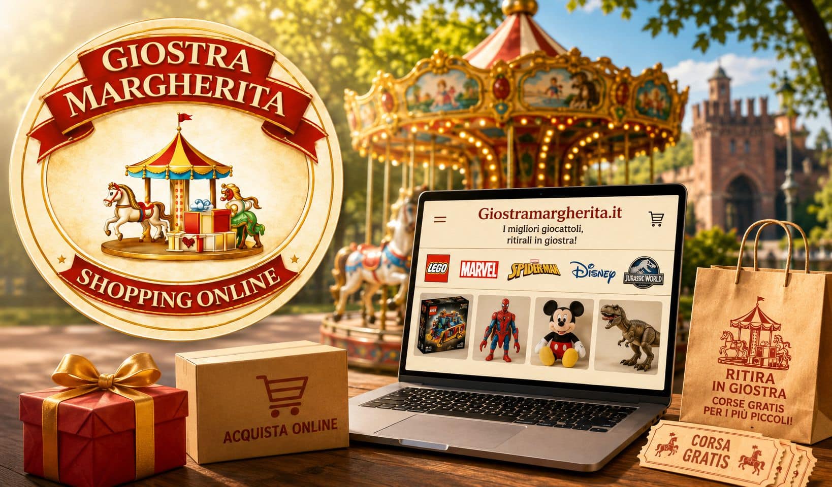 Immagine generata con intelligenza artificiale di Giostramargherita, lo shopping online della giostra dei Giardini Margherita