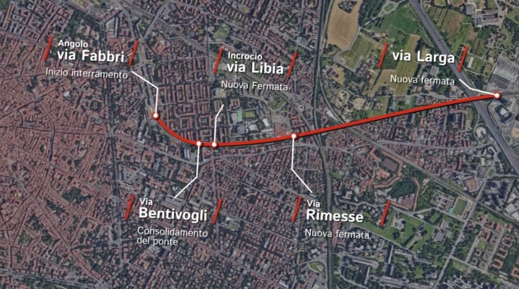 La zona di interramento della linea Bologna-Porto Maggiore